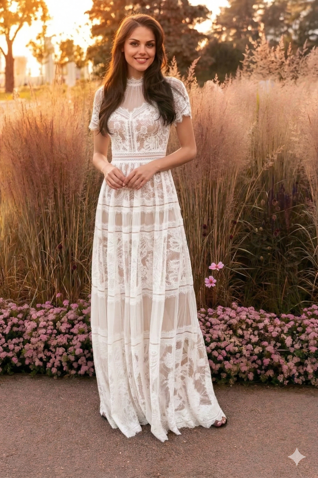 Long Lace Short Sleeve Formal Black Evening Dress