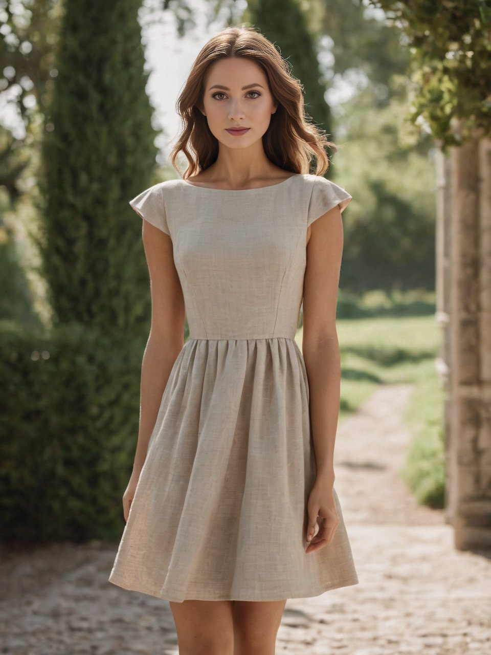 Gathered Boat Neck Linen Mini Dress Sewing Pattern PDF XS-4XL