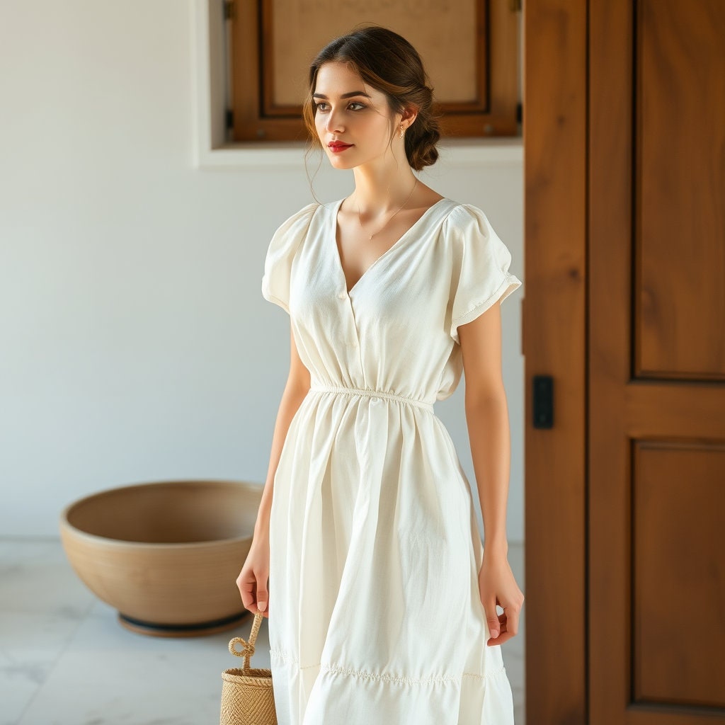 Surplice Neck Linen Midi Dress Sewing Pattern PDF XS-4XL