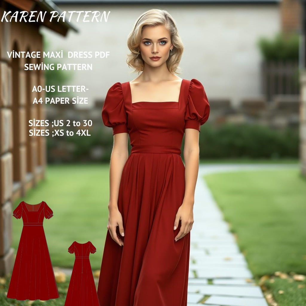 Vintage Square Neck Maxi Dress Sewing Pattern PDF XS-4XL