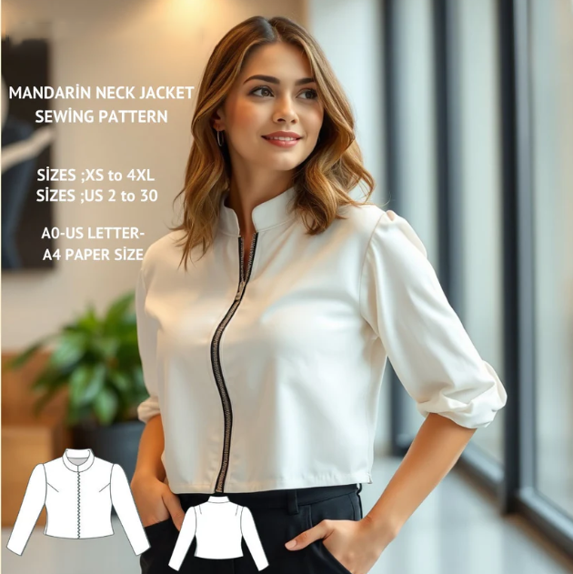 Mandarin Neck Front Zipper Jacket Sewing Pattern PDF XS-4XL